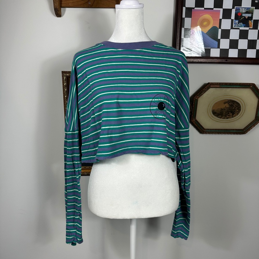 Urban Outfitters Upcycled Purple and Teal Striped Cropped Long Sleeve Top - Picture 1 of 7